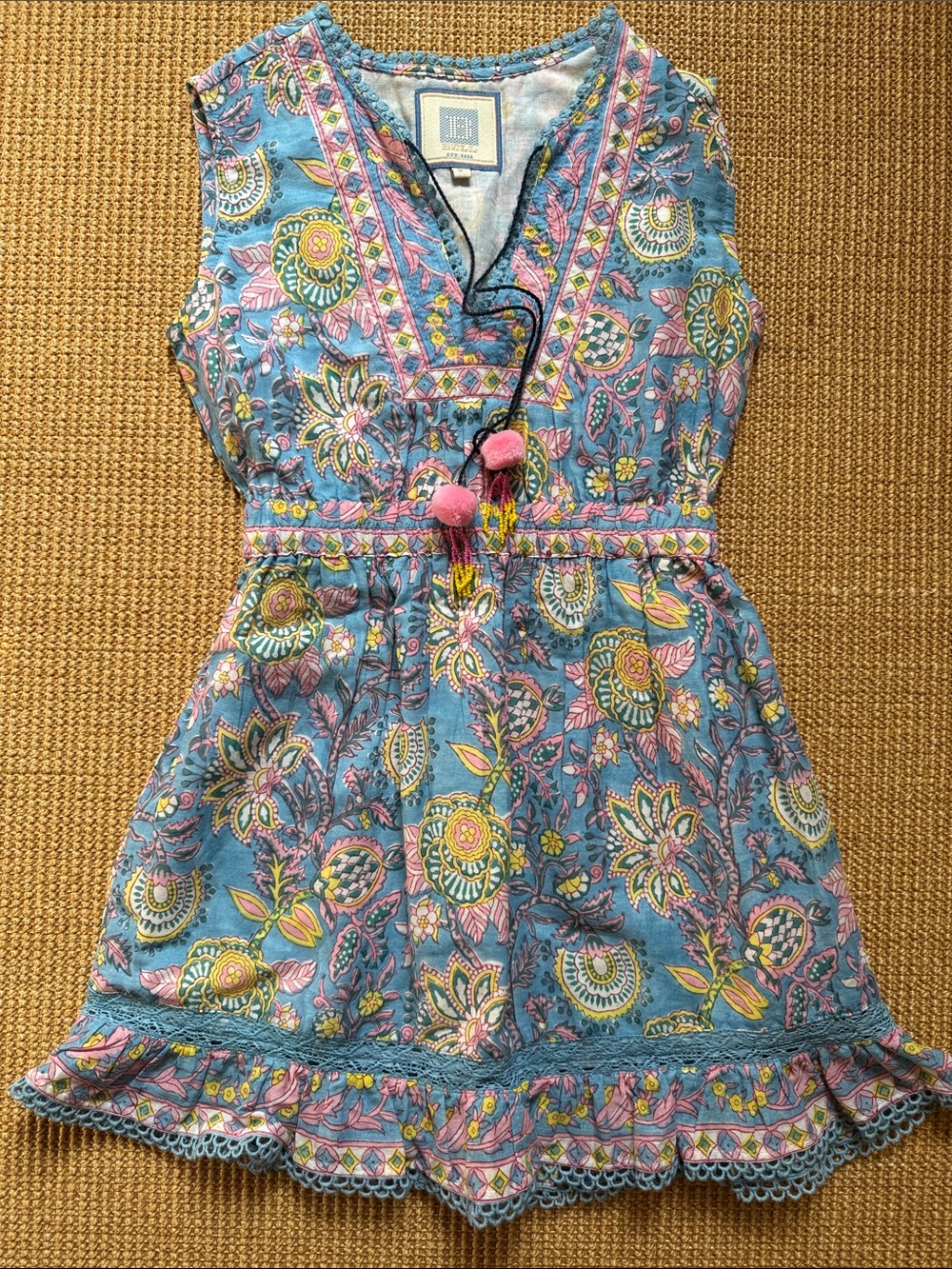 HUNTER BELL Blue Floral Sleeveless Dress with Pink Pom Accents